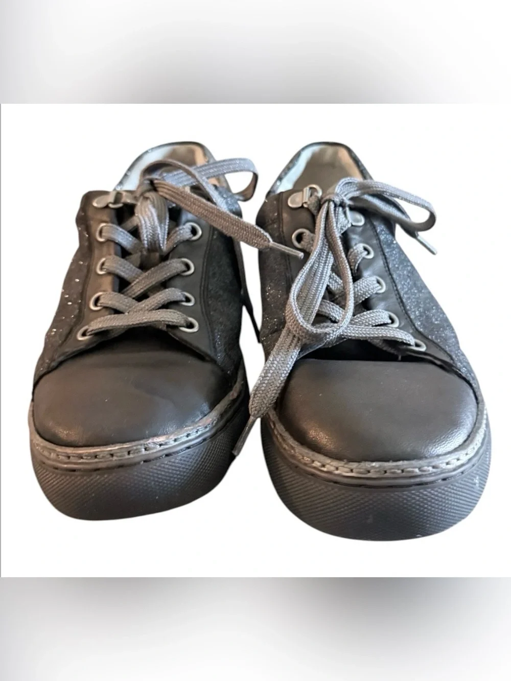 Johnston & Murphy Callie lace up dark sneakers pewter glitter fabric sneakers